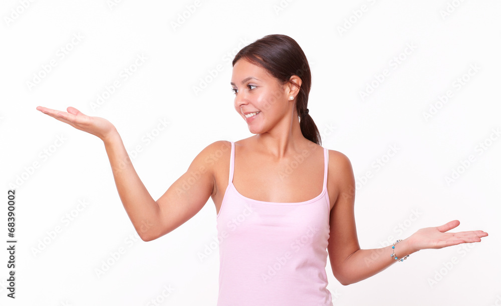 Friendly young female holding her hands up Friendly young female holding her hands up