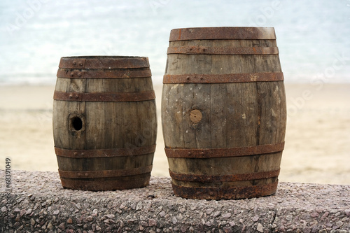 Two old wooden barrels for distilled beverage at a flea market