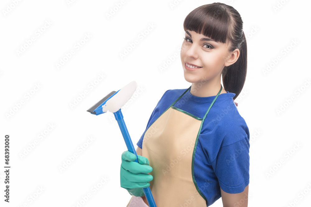 Cleaning Concept: Happy Caucasian Female Holding Rubber Scrappin Cleaning Concept: Happy Caucasian Female Holding Rubber Scrappin