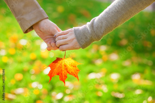 Male and female hands holding a red maple leaf