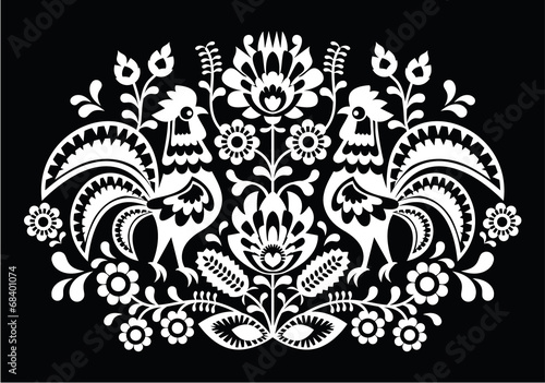 Polish folk art pattern roosters - Wzory Lowickie, Wycinanka