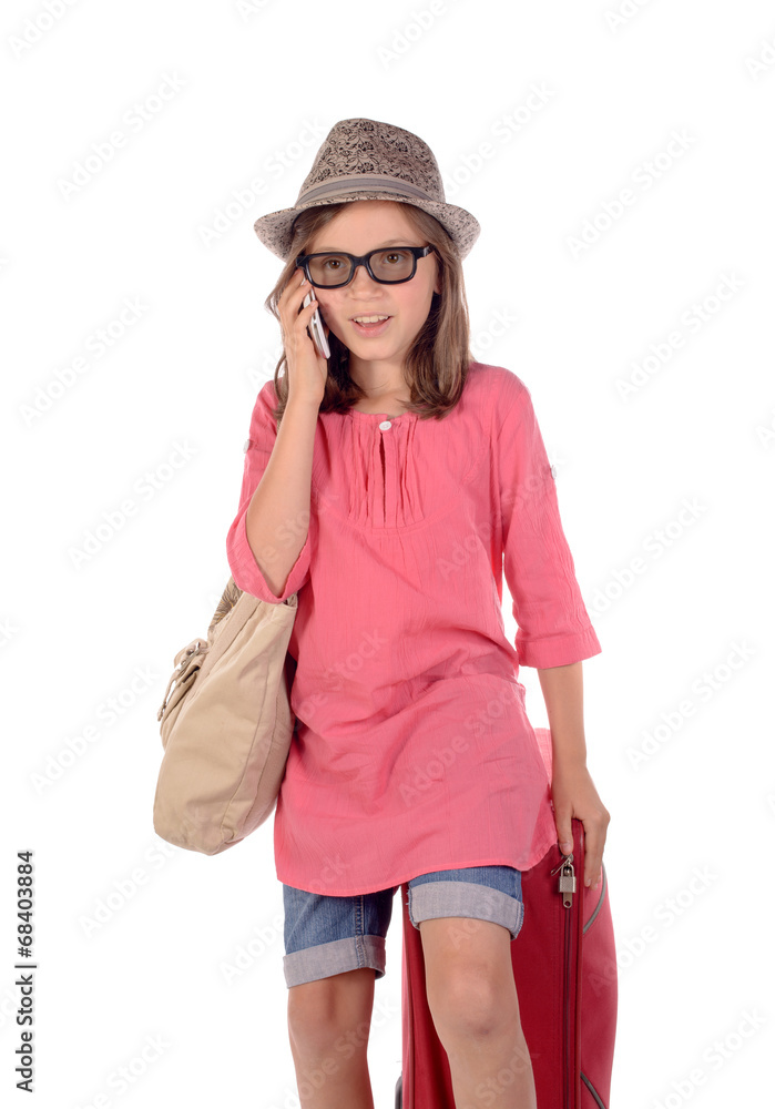 little girl with a red suitcase talking on phone little girl with a red suitcase talking on phone