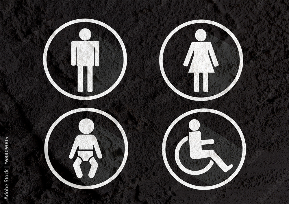 Restroom icon and Pictogram Man Woman Sign on Cement wall textur Restroom icon and Pictogram Man Woman Sign on Cement wall textur