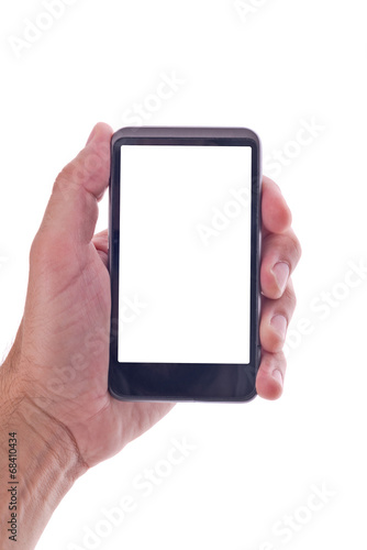 Hand holding generic mobile phone with blank screen