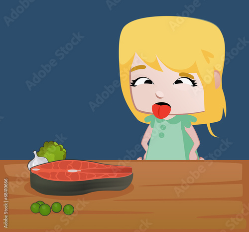 Girl in front of a table full of healthy food