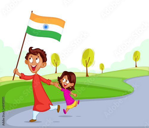 Indian brother and sister with flag of India
