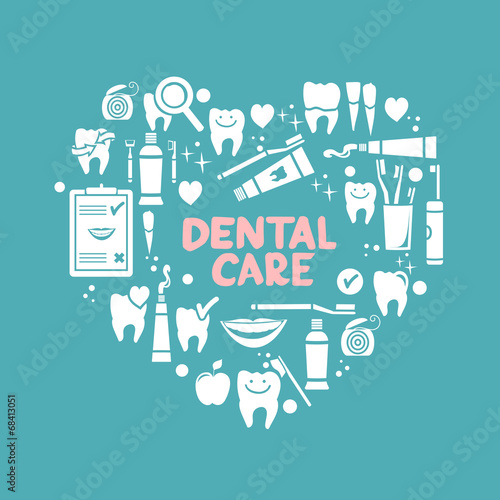Dental care symbols in the shape of heart