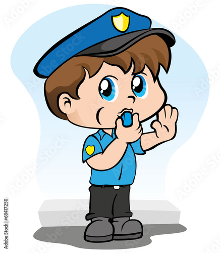 Child with police uniform and whistle to stop asking