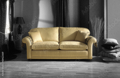 gold sofa in black and white room #68422069