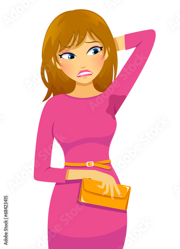 young woman disturbed by sweat mark under her arm
