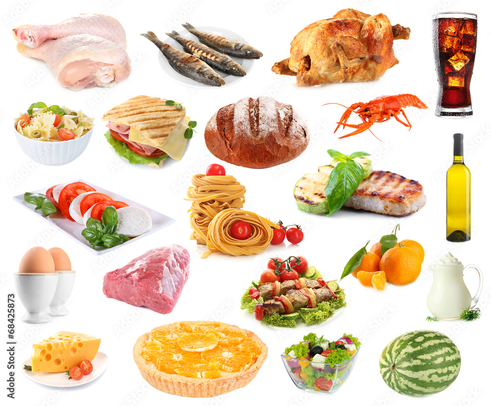 Food and drinks collage isolated on white Food and drinks collage isolated on white