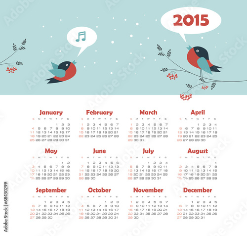 Calendar 2015 year with singing birds