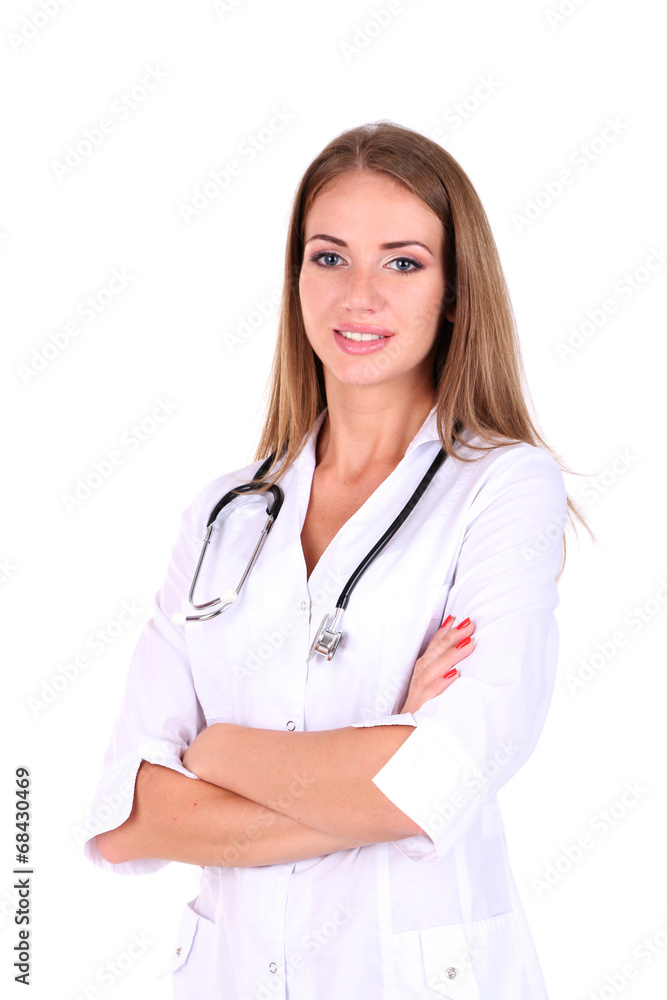 Young beautiful doctor isolated on white Young beautiful doctor isolated on white