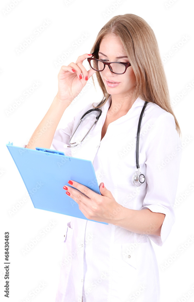 Young beautiful doctor holding folder isolated on white Young beautiful doctor holding folder isolated on white