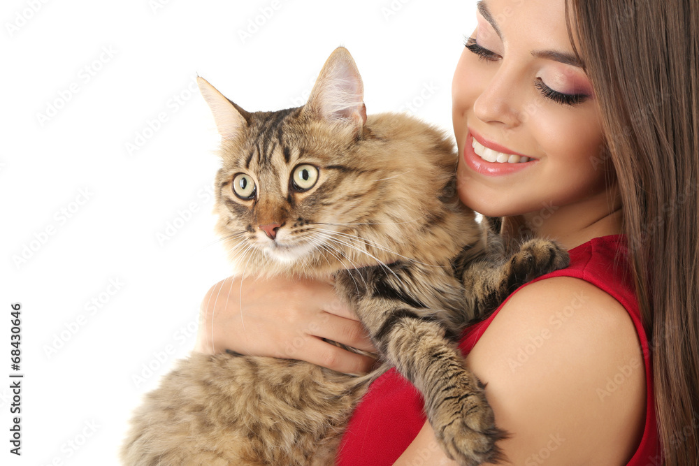 Beautiful young woman holding cat isolated on white