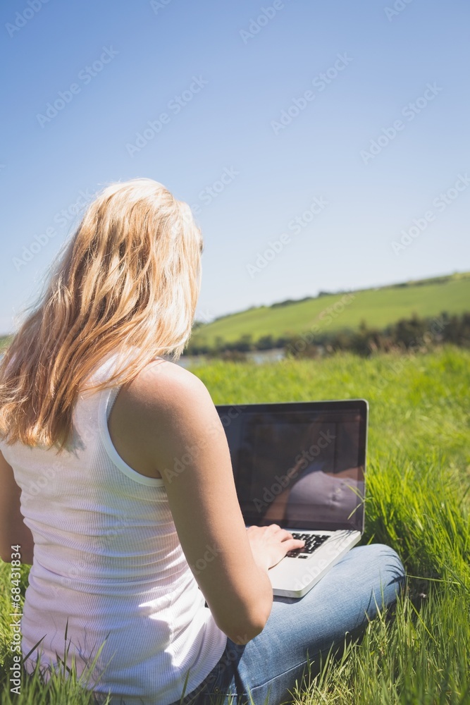Pretty blonde sitting on grass using her laptop Pretty blonde sitting on grass using her laptop