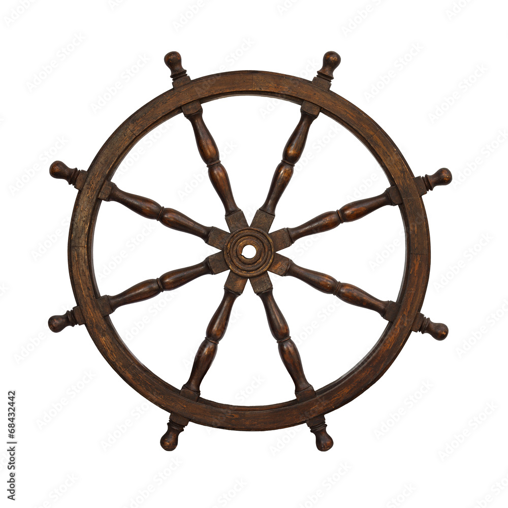 Old boat steering wheel isolated on the white background