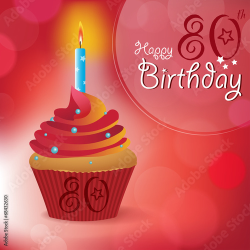 Happy 80th Birthday message -Bokeh Vector -cupcake & candle