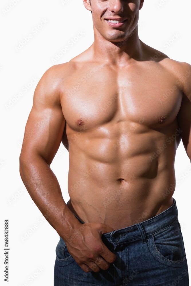 Mid section of a shirtless muscular man