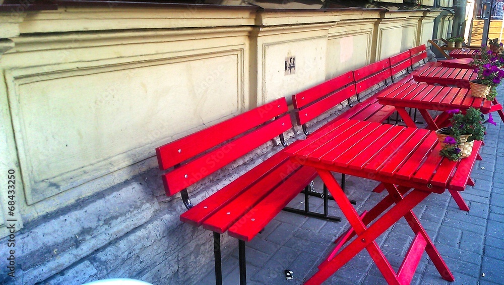Red tables on the street cafeteria