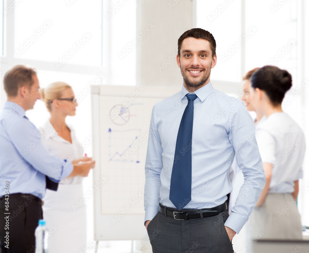 group of smiling businessmen with smartboard group of smiling businessmen with smartboard
