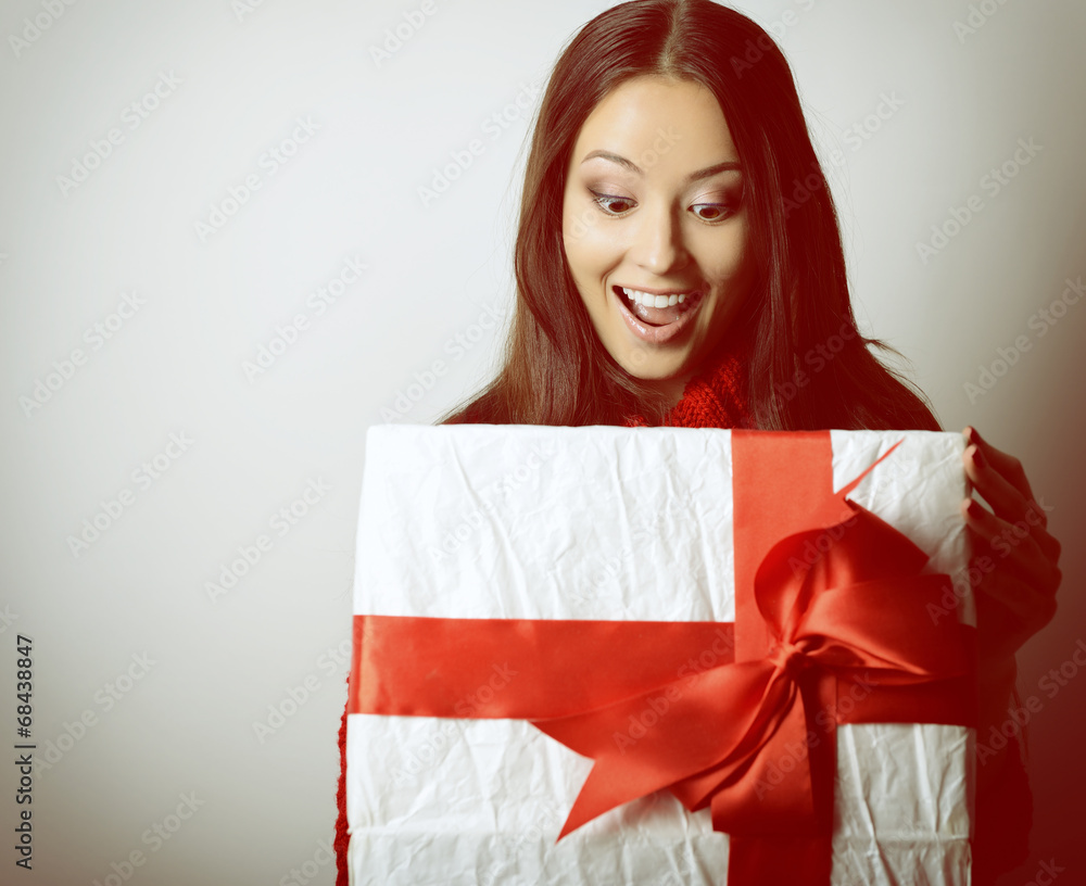 Young happy excited woman open gift box Young happy excited woman open gift box