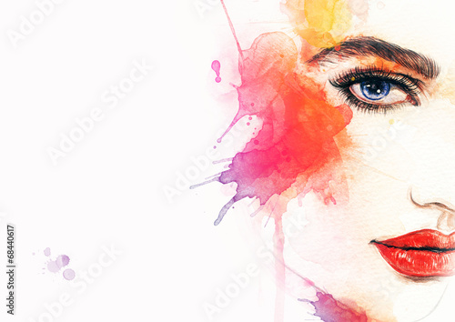 Photo Beautiful woman face. watercolor illustration