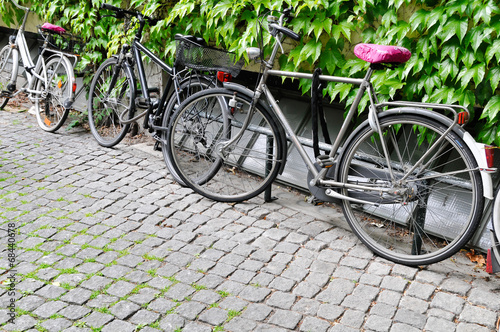 Bicicletas sobre adoquines y con jardín
