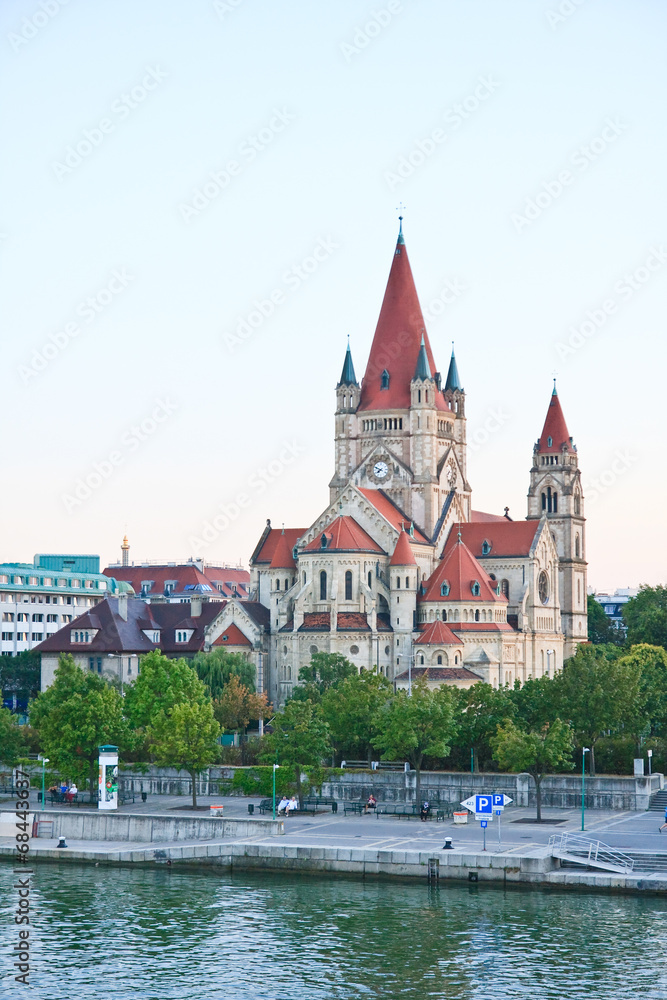 The Danube River. Church of St. Francis of Assisi. Vienna. Austr