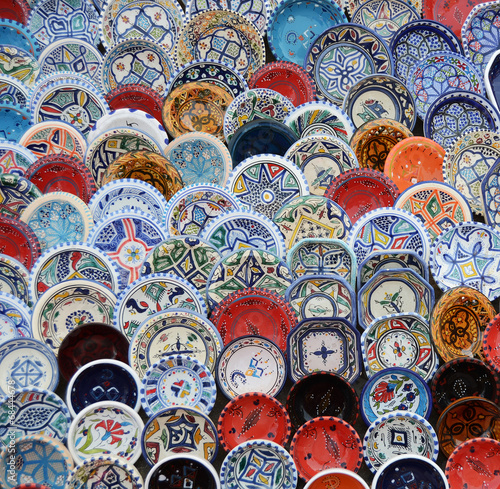 multicolor sovenir earthenware in tunisian market, Sidi Bou Said photo