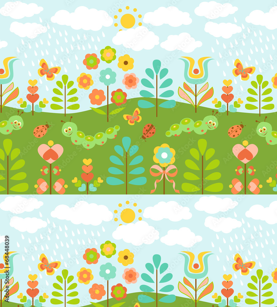 Floral background with cute ladybirds