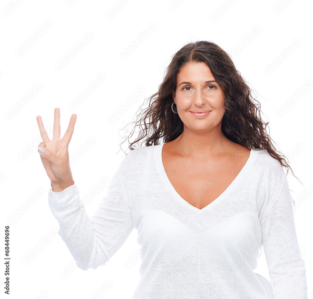 Closeup girl showing fingers isolated on white background Closeup girl showing fingers isolated on white background