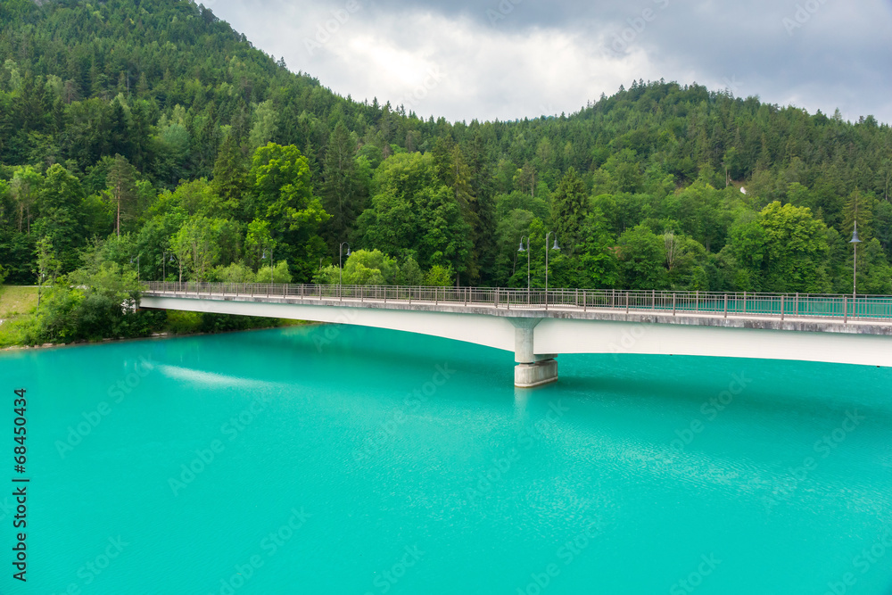 Turquise water of Lech river in Bavarian Alps, Germany