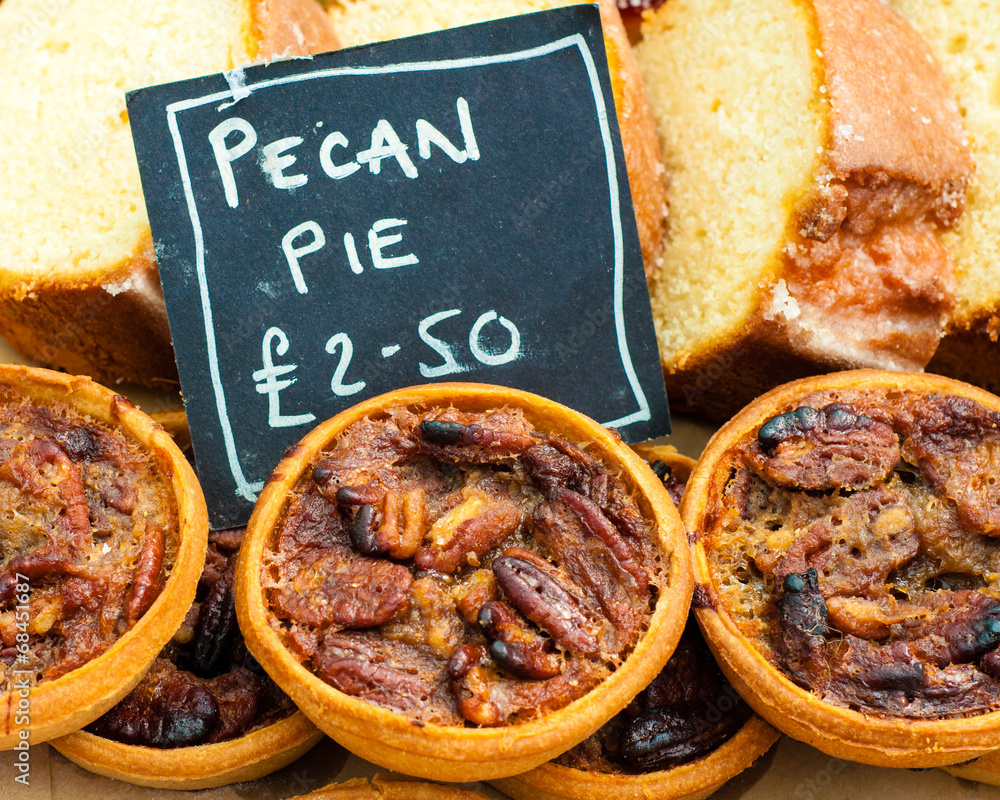 Close up shot of pecan pies in British market