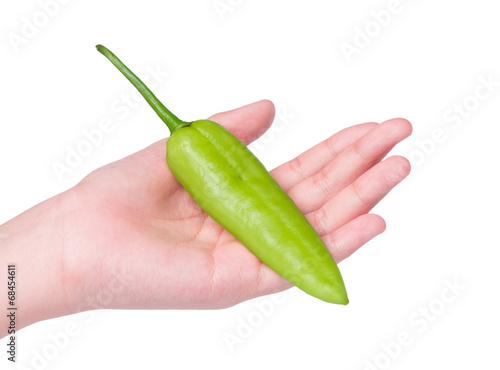 green pepper in hand isolated on white background