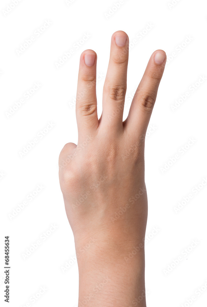 Female hand isolated on white ,number three sign Female hand isolated on white ,number three sign