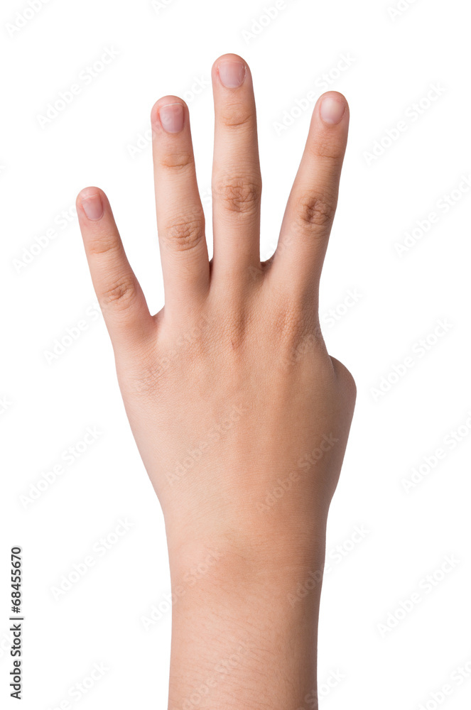 Female hand isolated on white ,number four sign Female hand isolated on white ,number four sign