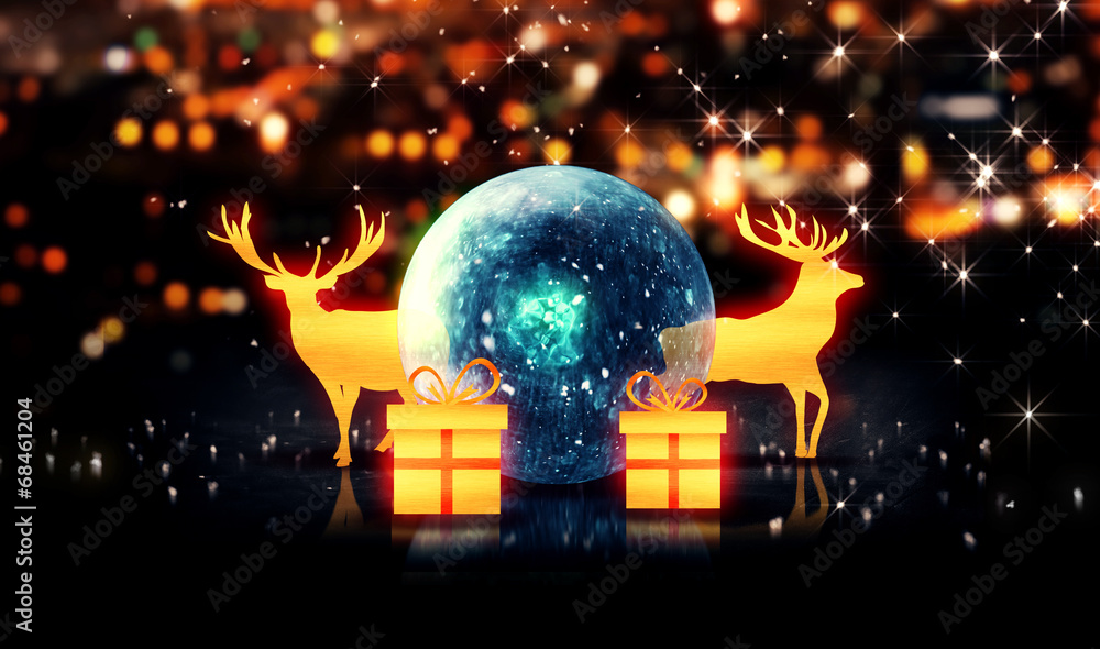 Blue Crystal Bauble Gold Christmas Deer Gift 3D bokeh background