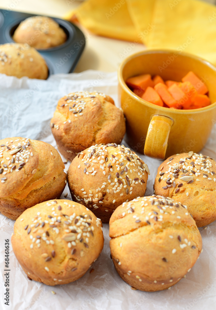 Buns made from yeast dough mixed with sweet potato puree.
