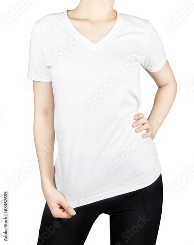 White T - shirt on woman body with front side isolated on white