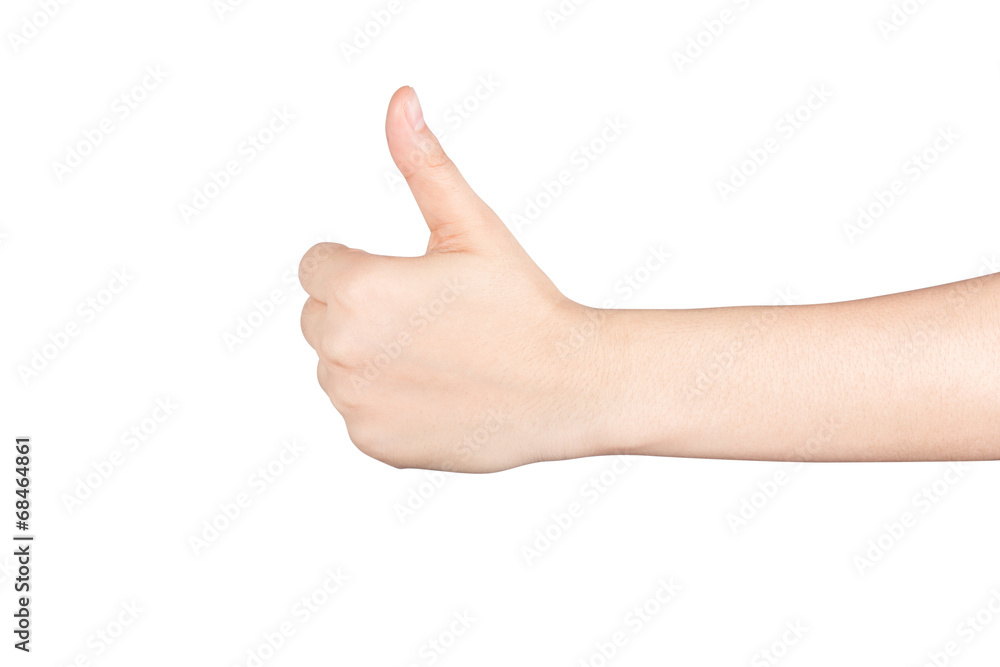 Closeup of woman hand showing thumbs up sign isolated on white.