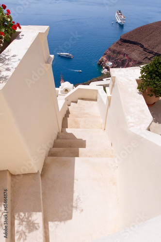 The stairs in Oia town on the island of Santorini, Greece. © lornet