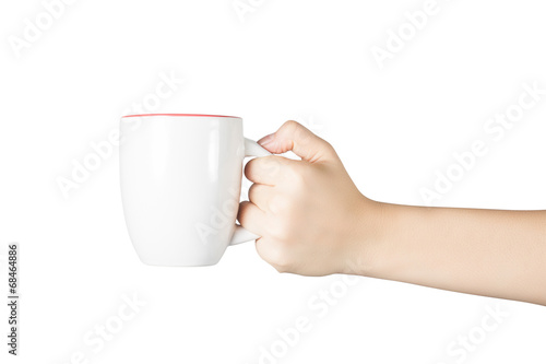 Woman hand hold white cup isolated on white background.