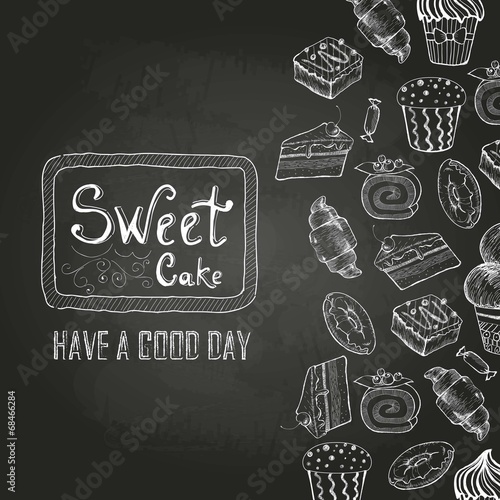 Chalk drawing. Decorative sketch of cakes. Menu
