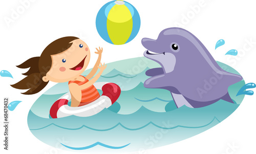 Cute girl playing ball with dolphin