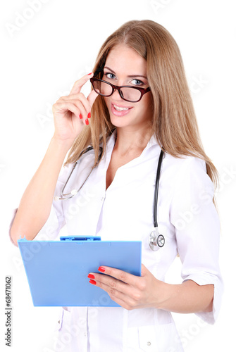 Young beautiful doctor hold...