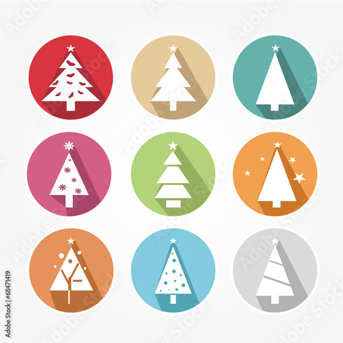 Icons set with christmas tree and stars - green