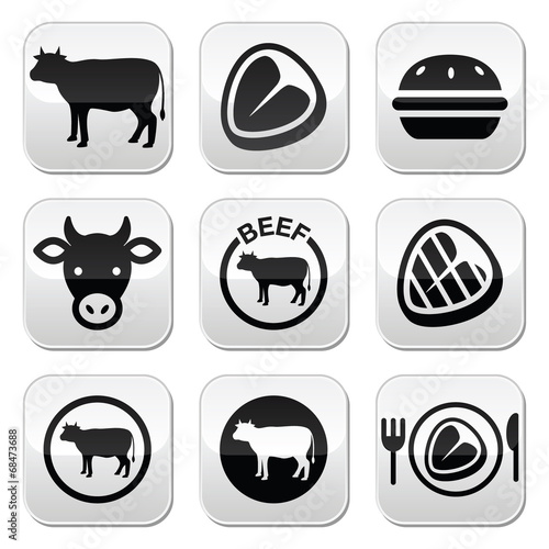 Beef meat, cow vector buttons set