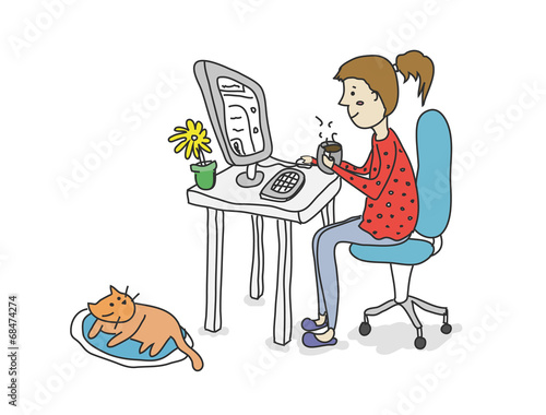 Girl drinking coffee with computer