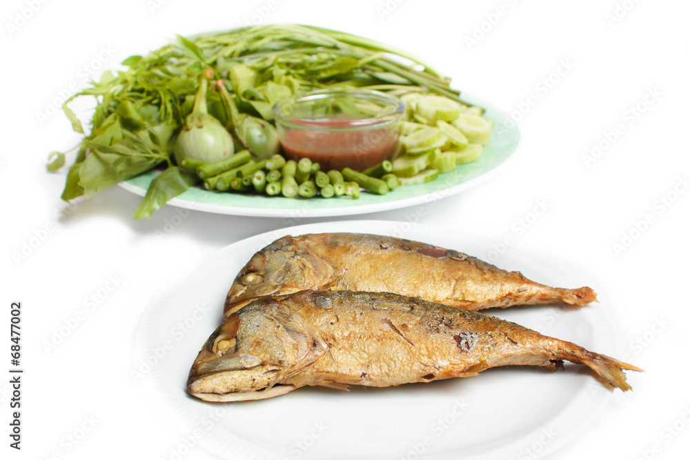 Shrimp paste with fried mackerel and vegetable. Shrimp paste with fried mackerel and vegetable.